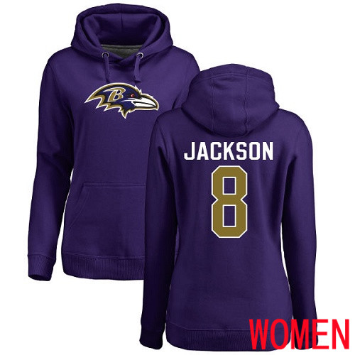 Baltimore Ravens Purple Women Lamar Jackson Name and Number Logo NFL Football #8 Pullover Hoodie Sweatshirt->baltimore ravens->NFL Jersey